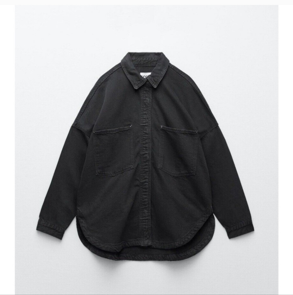 Zara black denim oversized patch pocket jacket shacket XS cotton